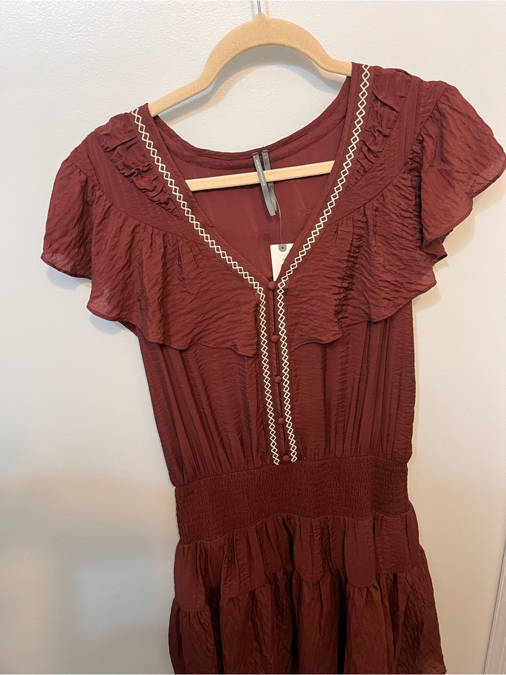 Anthropologie Raisin Rum Ruffle-Trim Midi Dress